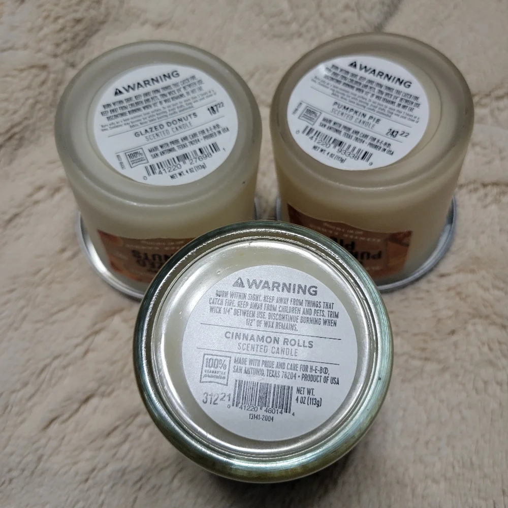 Set of 3 HEB Texan Fall Candles Cinnamon Roll Pumpkin Pie Glazed Donut Texas NEW